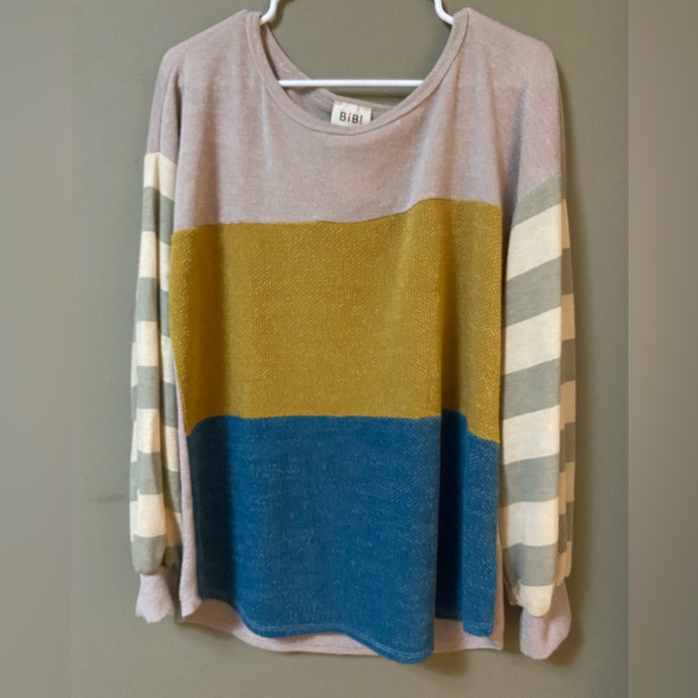 Bibi Color Block Sweater Blue, Yellow, Gray, & Tan NWT Medium